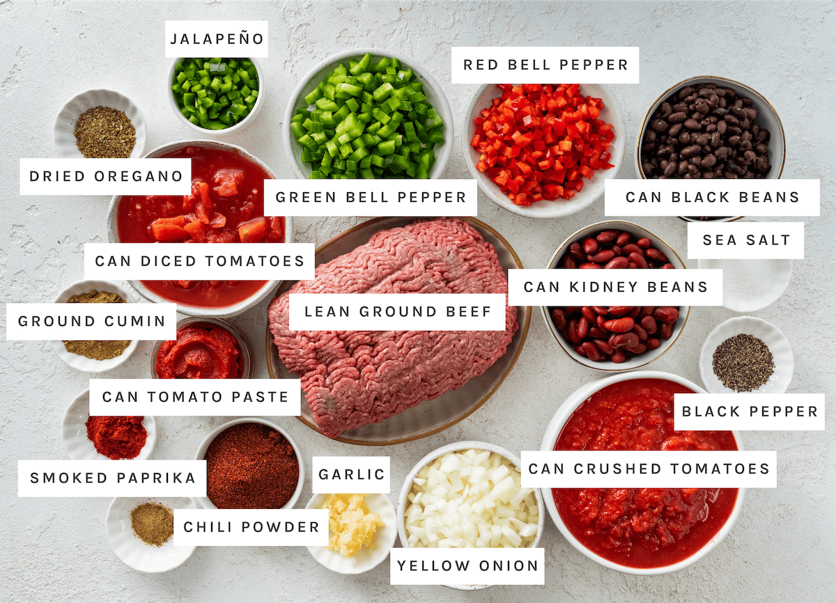 Jalapeño, green bell pepper, red bell pepper, yellow onion, garlic, lean ground beef, canned diced tomatoes, canned crushed tomatoes, canned tomato paste, canned black beans, canned kidney beans, chili powder, ground cumin, smoked paprika, dried oregano, sea salt, black pepper