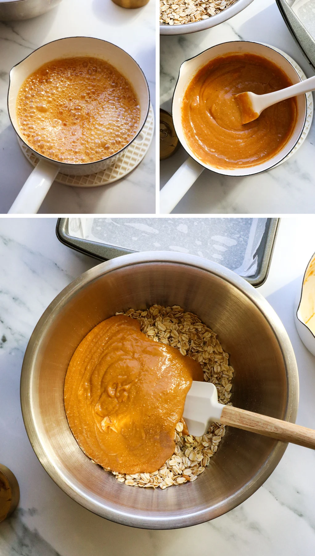 boiled honey and peanut butter poured over the dry ingredients.