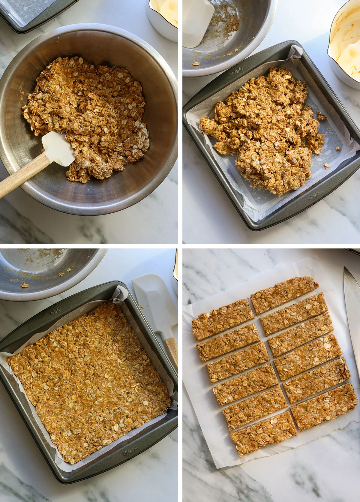 granola bars pressed into a pan and sliced