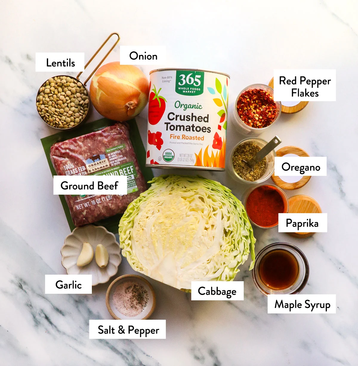 ground beef, cabbage, lentils, tomatoes, and spices labeled on a white surface. 
