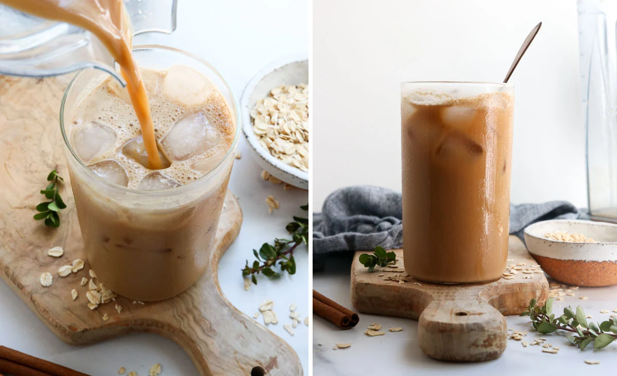 oat milk latte poured into glass and served