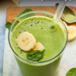 spinach smoothie labeled for pinterest.