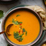 pumpkin curry soup in a bowl labeled for pinterest.
